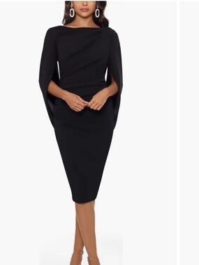 Betsy & Adam Black Midi Sheath Dress with Cape Sleeves Sz 14